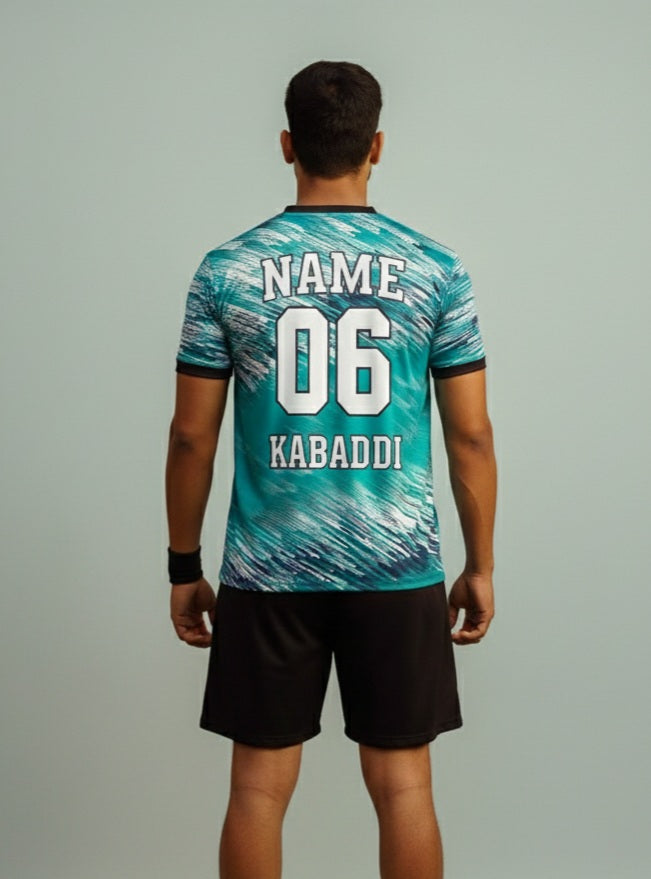 Kabaddi jersey with name and number printed tshirt green white and black shorts