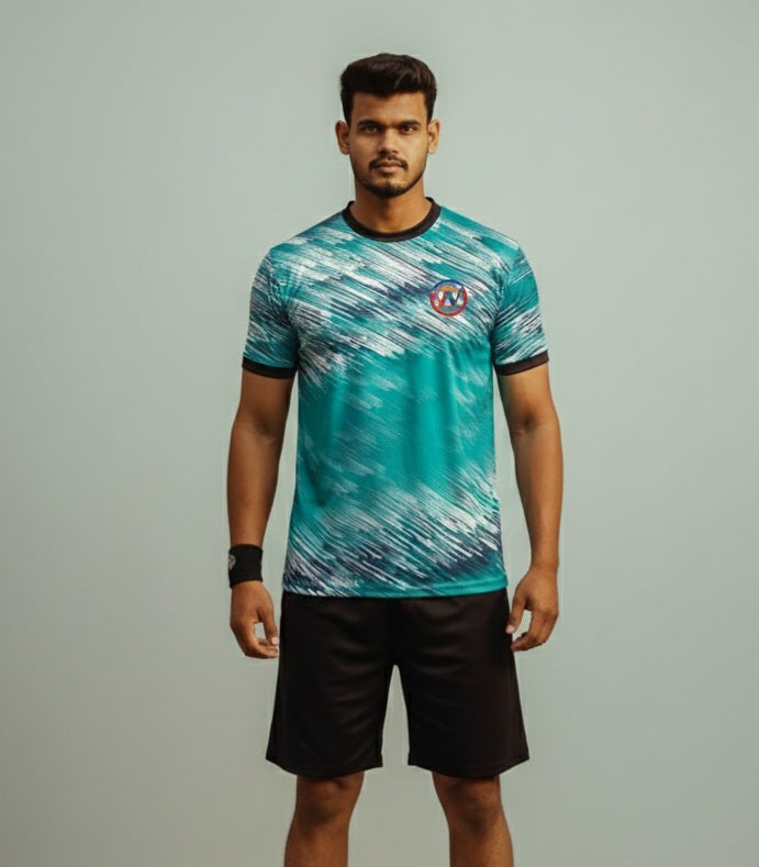 Kabaddi jersey with name and number printed tshirt green white and black shorts