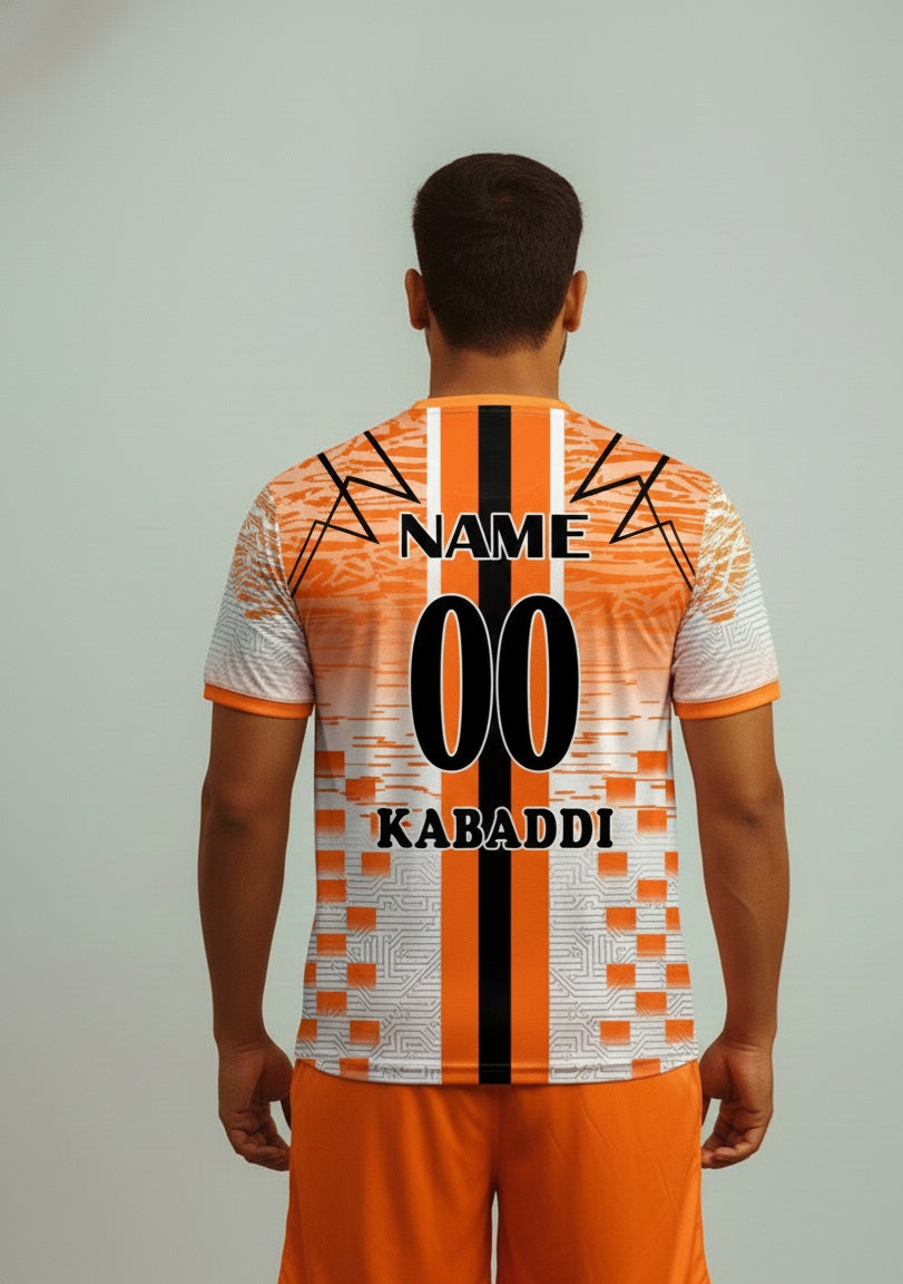 Kabaddi jersey with name and number printed tshirt orange white and orange shorts