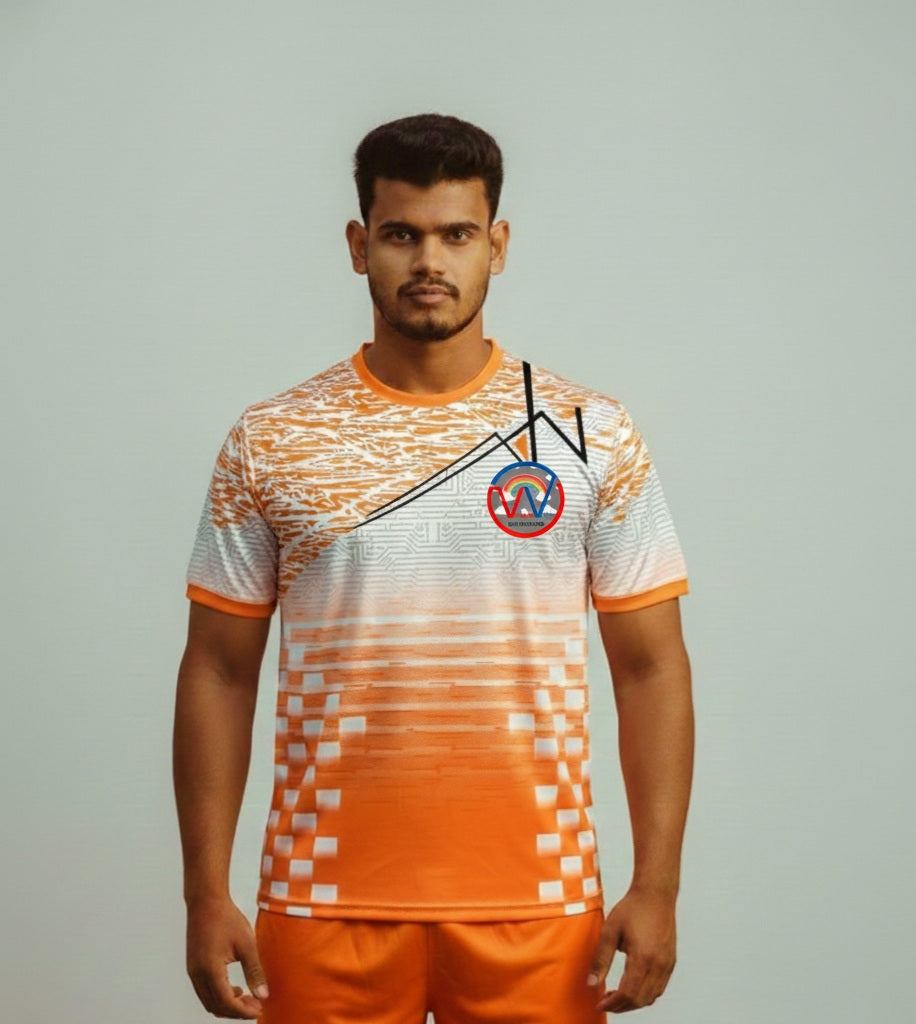 Kabaddi jersey with name and number printed tshirt orange white and orange shorts